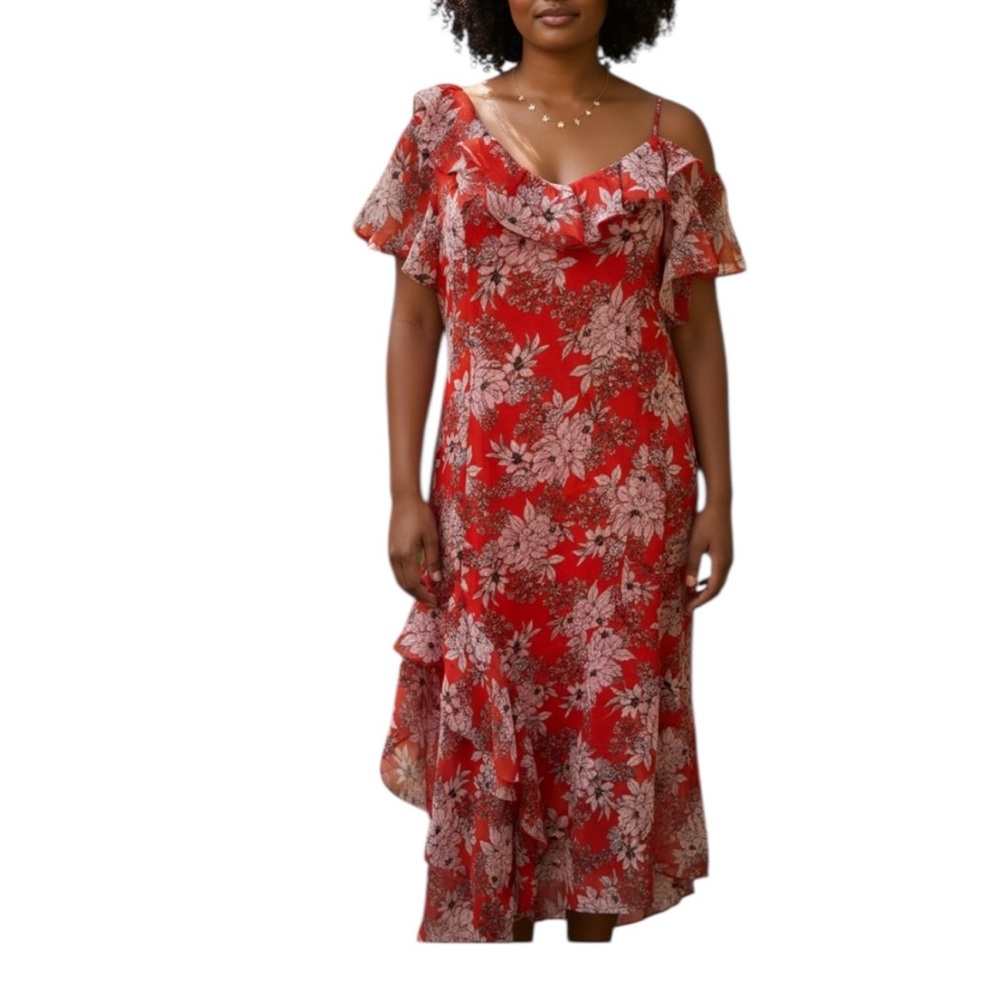 Vince Camuto Dress Womens Size 14 Floral Asymmetrical Midi Chiffon Spring Safari